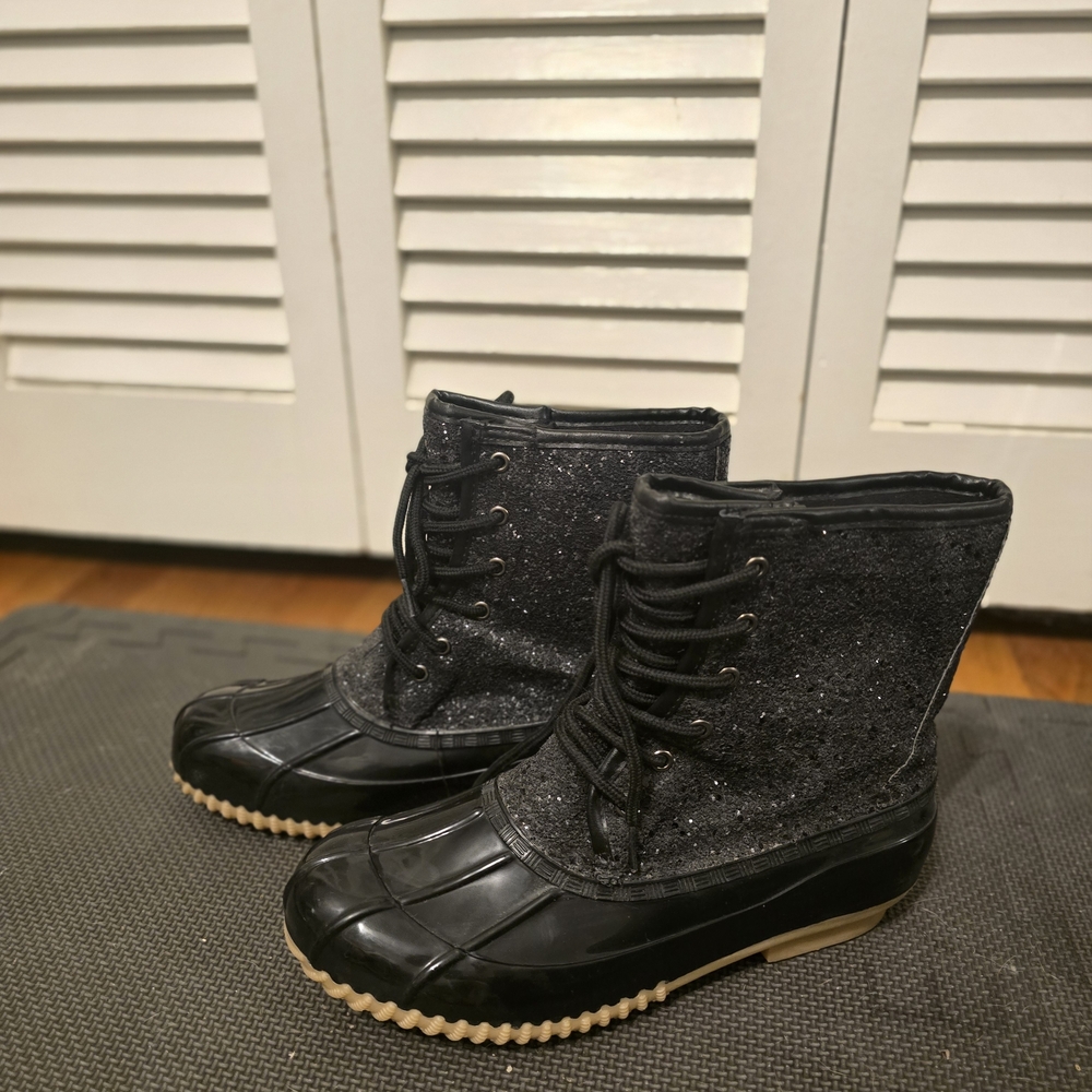 Sugar Women's Black Glitter Duck Boots